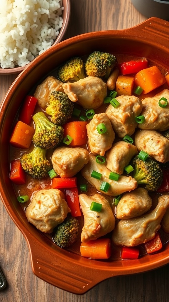 Japanese chicken casserole with vegetables served with rice on a rustic table.